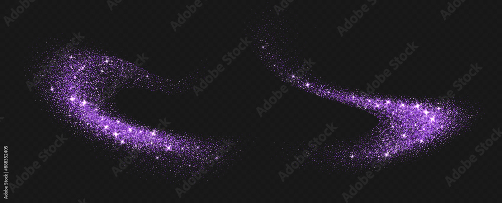 Purple glitter splashes, shiny star dust explosion, shimmer spray effect, festive holiday particles isolated on a dark background. Vector illustration.