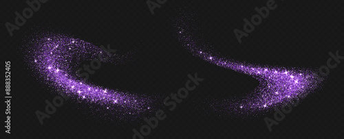 Obraz na płótnie Purple glitter splashes, shiny star dust explosion, shimmer spray effect, festive holiday particles isolated on a dark background. Vector illustration. w salonie