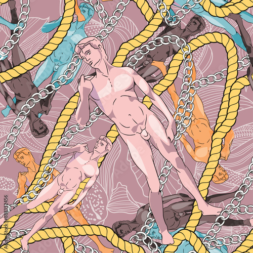 Seamless pattern with Michelangelos David with chains and ropes. Italian design for the textile industry.