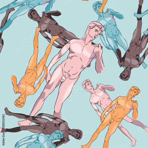 Seamless patternwith Michelangelos David with different colors on a light blue background. Italian design for the textile industry.