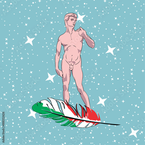T-shirt design of Michelangelo's David standing on a feather with the colors of the Italian flag. Seamless pattern with stars.