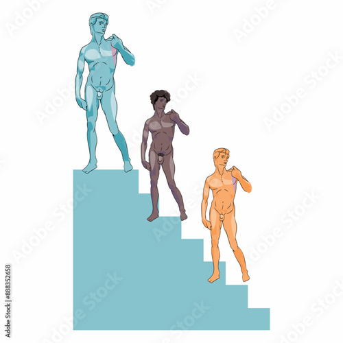 T-shirt design of three versions of Michelangelos David on a ladder. Vector illustration about Italian art.