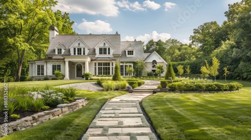 panoramic view of a suburban farmhouse with a large, elegant front yard and a stone pathway leading to the entrance