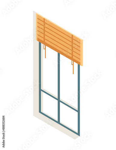 Big glass window with yellow blinds. Home interior design. Classic drapery design. Isometric vector illustration isolated on white background