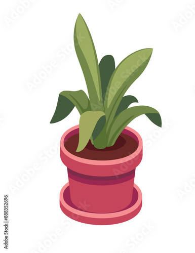 Red vibrant flower pot with soil and green plant. Greenery with big leaves. Decorative flora for interior. Vector illustration isolated on white background
