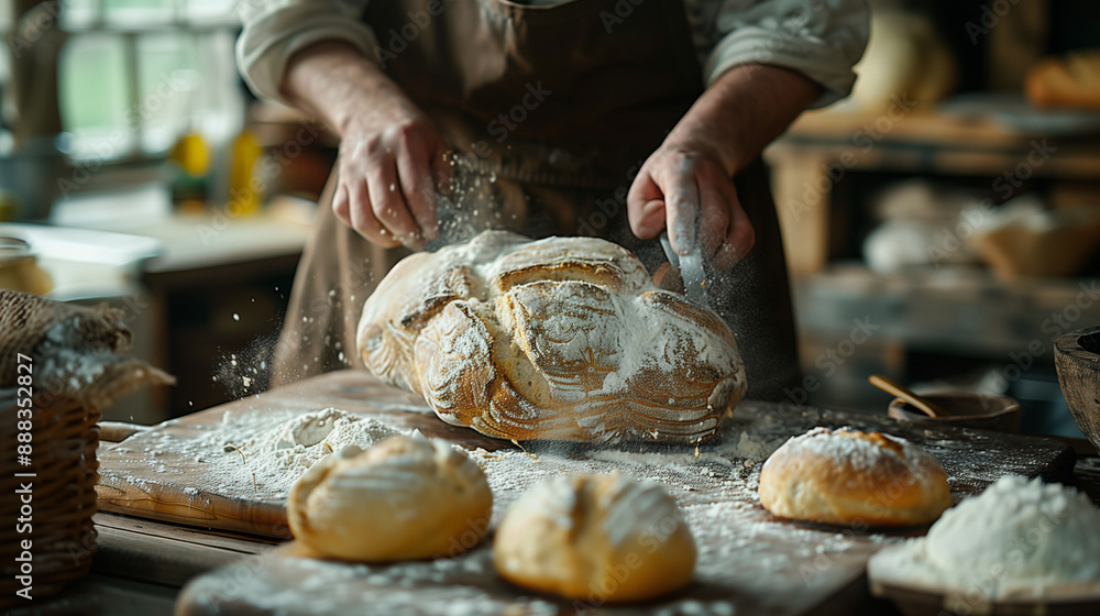 Artisan Baker Preparing Rustic Bread with Flour on Wooden Table, Warm Lighting & Cozy Atmosphere, Traditional Craftsmanship Artisan Baker Preparing Rustic Bread with Flour on Wooden Table, Warm Lighting & Cozy Atmosphere, Traditional Craftsmanship