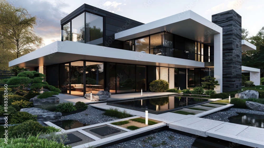 modern suburban farmhouse with striking black and white contrast in design, and a minimalist zen garden at the front modern suburban farmhouse with striking black and white contrast in design, and a minimalist zen garden at the front