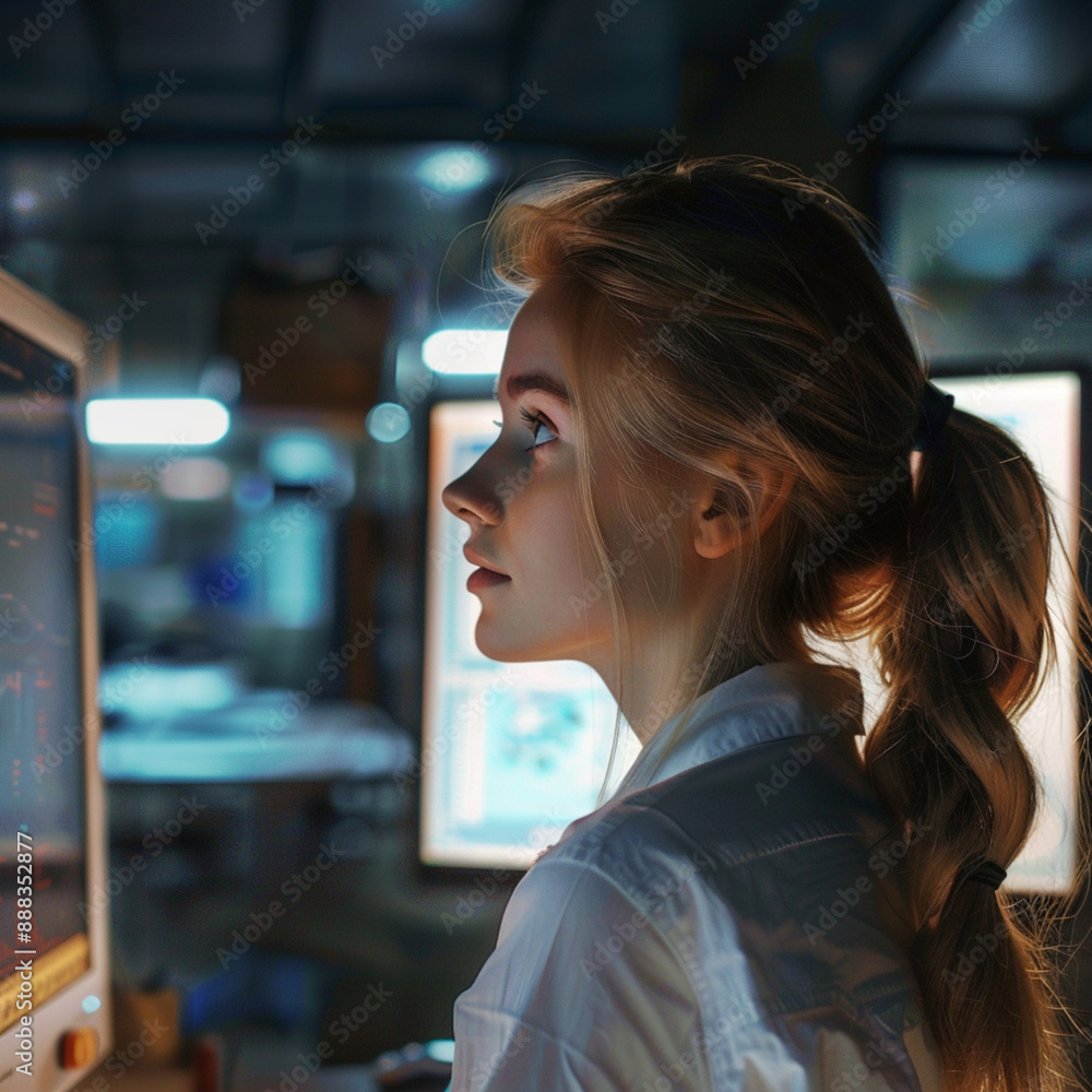 woman looking at monitor screen, work room background. wearing collard shirt. woman looking at monitor screen, work room background. wearing collard shirt.