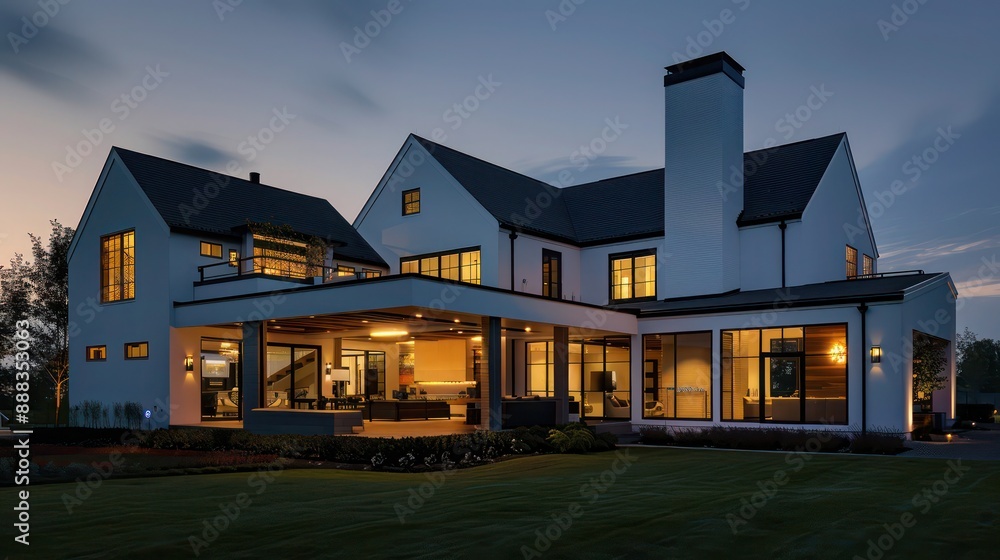 modern suburban farmhouse with an integrated smart home system, featuring automated lighting, climate control, and security, all managed via a centralized touch panel modern suburban farmhouse with an integrated smart home system, featuring automated lighting, climate control, and security, all managed via a centralized touch panel