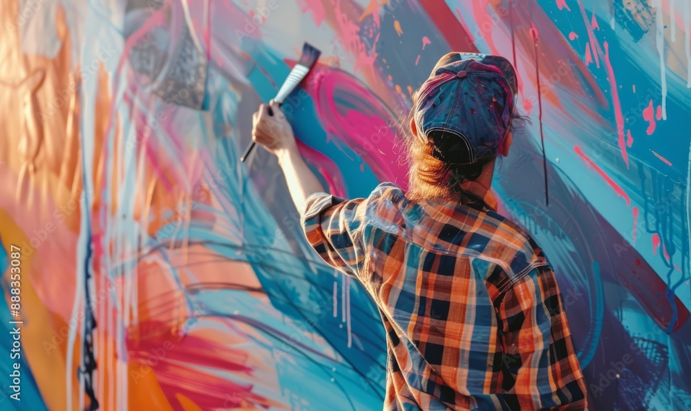 Fototapeta premium Artist painting a vibrant mural in an urban environment, expressing passion and creativity