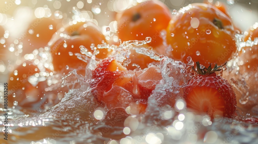 Fresh strawberries and tomatoes splashing in water. Fresh strawberries and tomatoes splashing in water.
