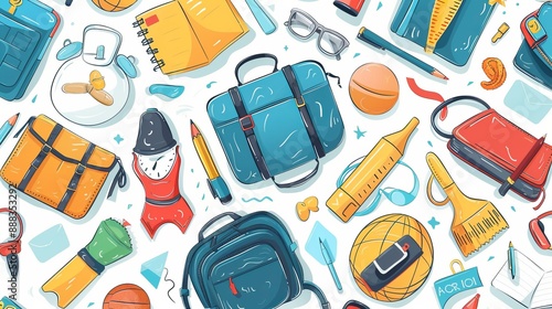 This image features a seamless pattern of various travel-related items and supplies spread out, including suitcases, notebooks, sports gear, and travel essentials. photo