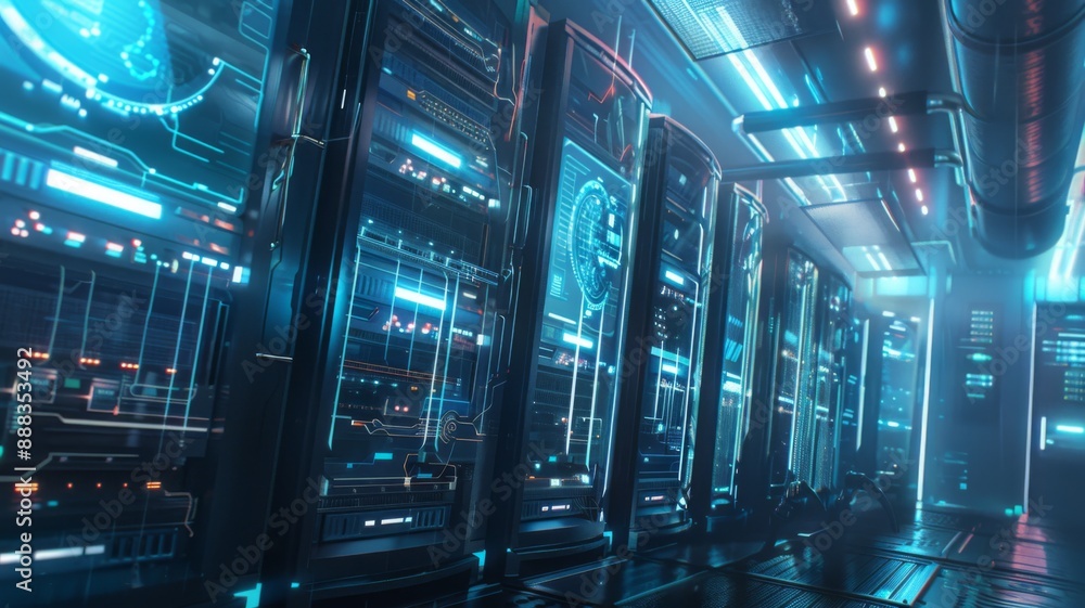 Obraz premium Futuristic server room with glowing blue interfaces.