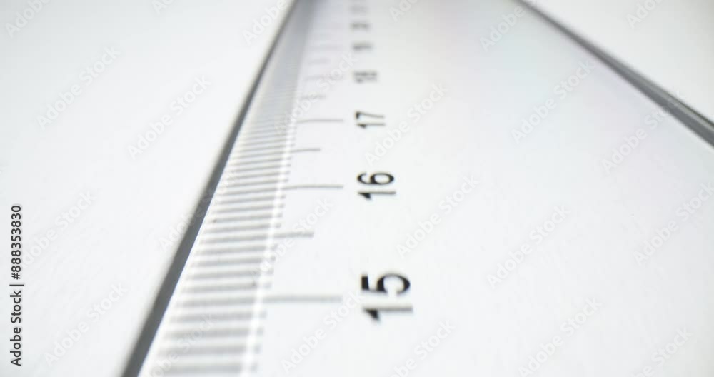 Metal ruler with scale and digits on placed white table Metal ruler with scale and digits on placed white table