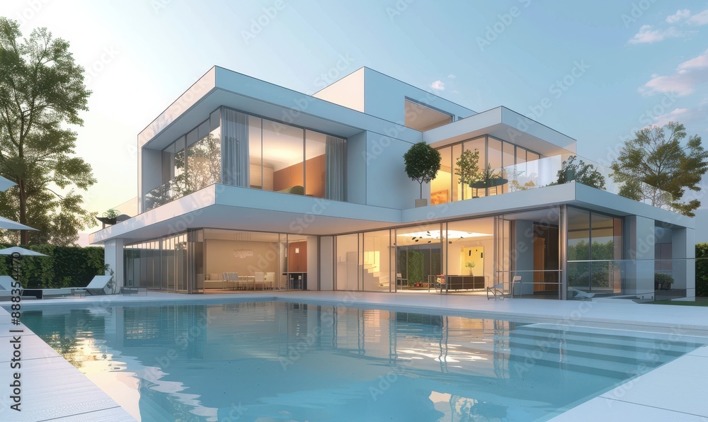 Modern house with pool, surrounded by trees, and contemporary design elements. Modern house with pool, surrounded by trees, and contemporary design elements.