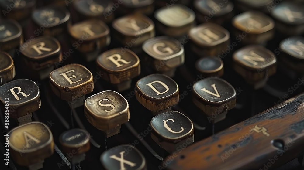 A close-up image showcasing the vintage typewriter keys, highlighting the intricate and detailed design of the letters and the aged appearance of the device.