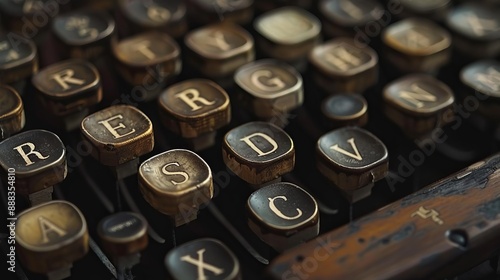 Obraz na płótnie A close-up image showcasing the vintage typewriter keys, highlighting the intricate and detailed design of the letters and the aged appearance of the device. w salonie