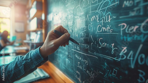 An educator carefully writes intricate mathematical formulas on a large chalkboard in a well-lit classroom, demonstrating key learning concepts during a math lesson that engages students. photo