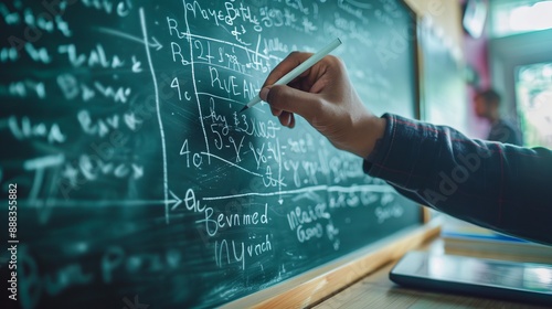 A close-up image of a hand actively writing equations and formulas on a chalkboard in a classroom, highlighting the methodical and detailed approach to teaching mathematical concepts. photo