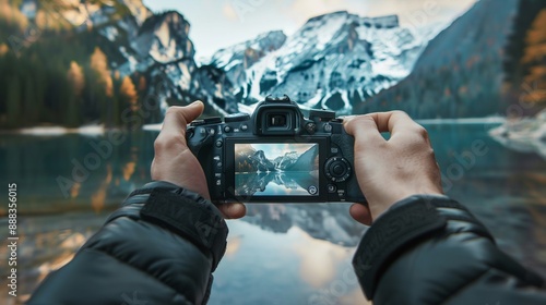 Fototapeta Naklejka Na Ścianę i Meble -  A photographer takes a photo of majestic icy mountains by a clear, tranquil lake, embodying the allure of remote natural settings and the art of landscape photography.
