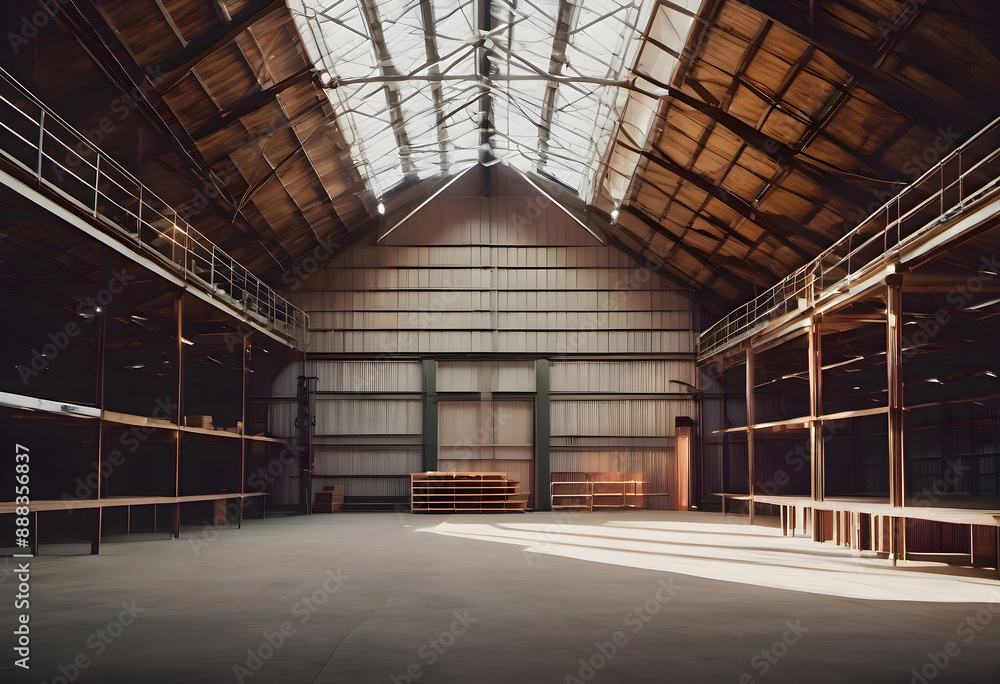 Abandoned big barn in countryside with shelves, empty, and transparent roof Abandoned big barn in countryside with shelves, empty, and transparent roof