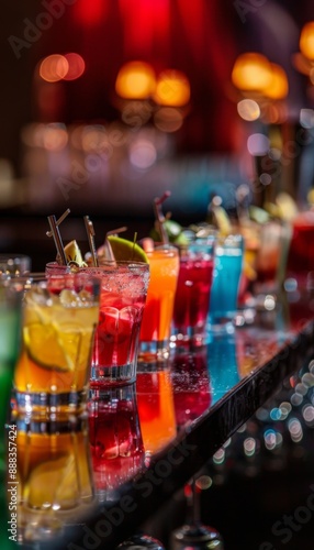 Line of alcoholic cocktails in a nightclub bar counter, colorful party drinks. Bar menu concept