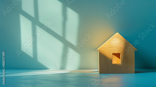 A minimalist set-up with a wooden house model on a bright blue background to symbolize clear investment opportunities