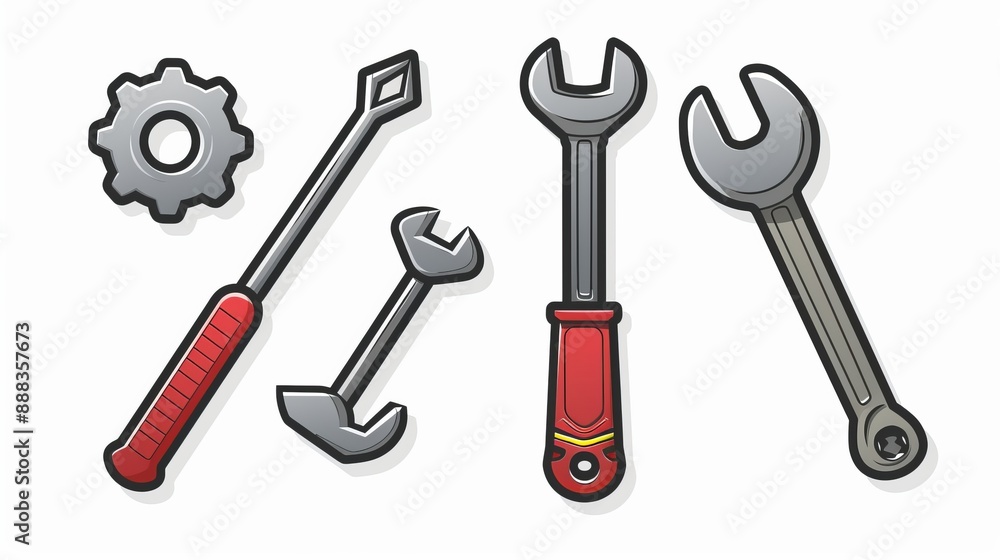 A vibrant set of assorted vector hand tools, featuring colorful and detail-rich designs that include wrenches, gears, and other mechanical items represented with clarity. A vibrant set of assorted vector hand tools, featuring colorful and detail-rich designs that include wrenches, gears, and other mechanical items represented with clarity.