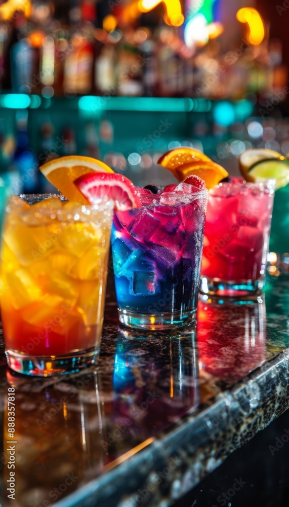 Line of alcoholic cocktails in a nightclub bar counter, colorful party drinks. Bar menu concept Line of alcoholic cocktails in a nightclub bar counter, colorful party drinks. Bar menu concept