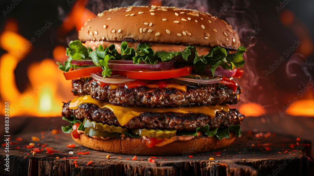 Layered double cheese burger with fresh lettuce, tomato, and onions on ...
