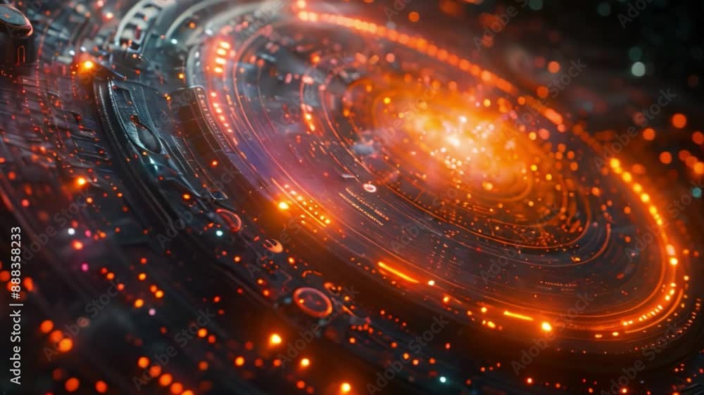 Close-up of a futuristic circular spacecraft with an abstract design. The spacecraft is lit with orange lights, and there are numerous complex details visible. Close-up of a futuristic circular spacecraft with an abstract design. The spacecraft is lit with orange lights, and there are numerous complex details visible.