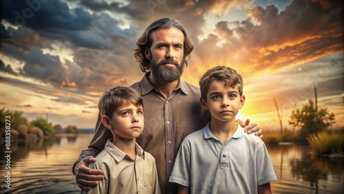 Noah and His Three Sons Stand Together at Sunset. Generative AI photo