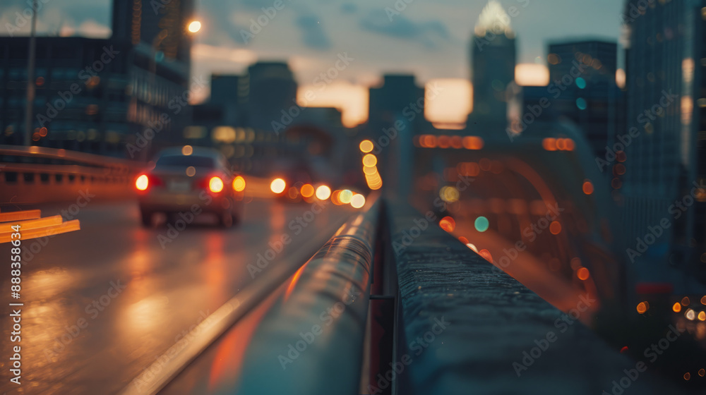 Low angle of a cityscape seen from the edge of a bridge, during twilight, symbolizing urban journeys and connections