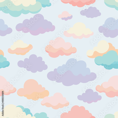 A seamless pattern of colorful clouds on a blue background with keywords