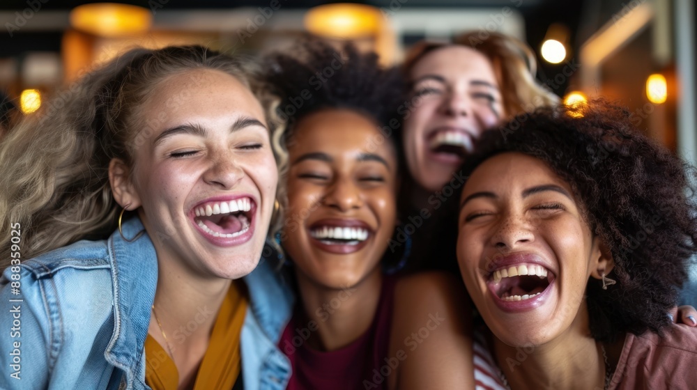 Joyful Multicultural Friends Laughing Together in Cafe Joyful Multicultural Friends Laughing Together in Cafe