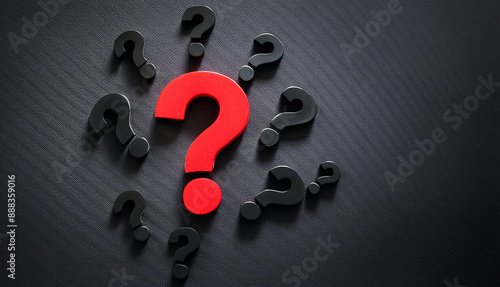 FAQ banner design. Red question mark surrounded by black question marks on dark background. 3D rendering.