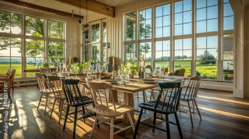 suburban farmhouse dining space with an open-concept design, featuring large windows that provide views of the surrounding countryside