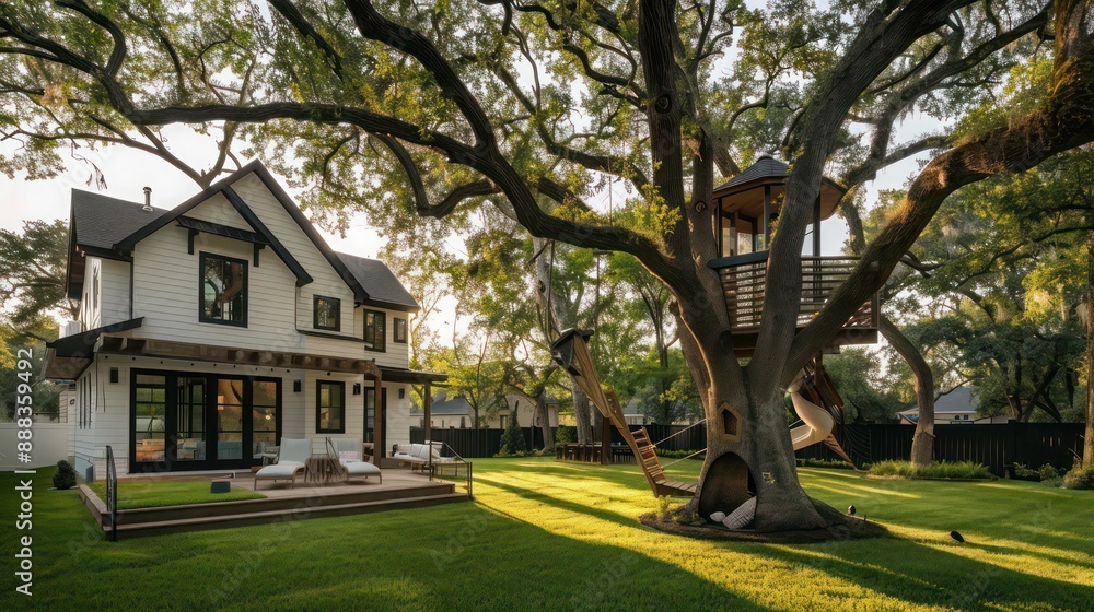 Suburban farmhouse featuring a large backyard with a custom-built tree fort for kids, surrounded by mature oak trees Suburban farmhouse featuring a large backyard with a custom-built tree fort for kids, surrounded by mature oak trees