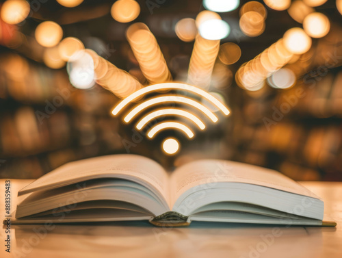 An open book with a Wi-Fi signal radiating from the pages, representing online education