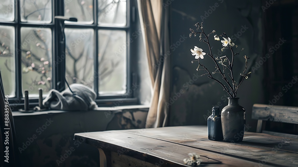 A dark gray cloth window romantic living room with wooden table A dark gray cloth window romantic living room with wooden table