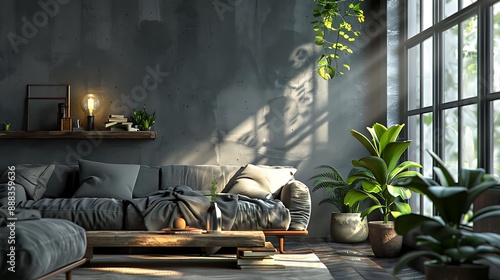 A dark gray cloth window romantic living room with wooden table