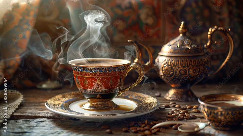 A steaming hot cup of coffee is served in a lavishly decorated golden cup and saucer, placed on an elegant setting with coffee beans scattered around, exuding luxury and tradition. A steaming hot cup of coffee is served in a lavishly decorated golden cup and saucer, placed on an elegant setting with coffee beans scattered around, exuding luxury and tradition.