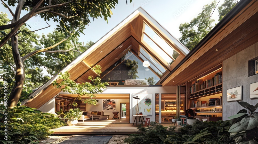 Modern suburban farmhouse with an art studio in the attic, visible through large skylights, nestled in a tranquil, leafy neighborhood Modern suburban farmhouse with an art studio in the attic, visible through large skylights, nestled in a tranquil, leafy neighborhood