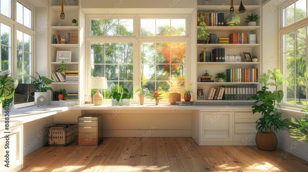 suburban farmhouse with a bright and airy home office, featuring large windows, a built-in desk, and shelves filled with books and plants suburban farmhouse with a bright and airy home office, featuring large windows, a built-in desk, and shelves filled with books and plants