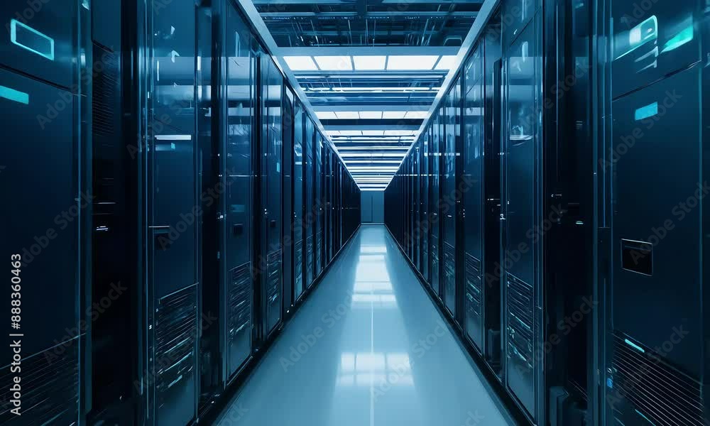 A row of sleek and modern computer servers in a data center (mov) A row of sleek and modern computer servers in a data center (mov)