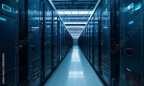 A row of sleek and modern computer servers in a data center (mov)