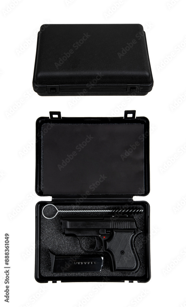 Modern semi-automatic pistol. A short-barreled weapon for self-defense. Arming the police, special units and the army. Weapon in a case for storage and transportation. Isolate on a white back. Modern semi-automatic pistol. A short-barreled weapon for self-defense. Arming the police, special units and the army. Weapon in a case for storage and transportation. Isolate on a white back.
