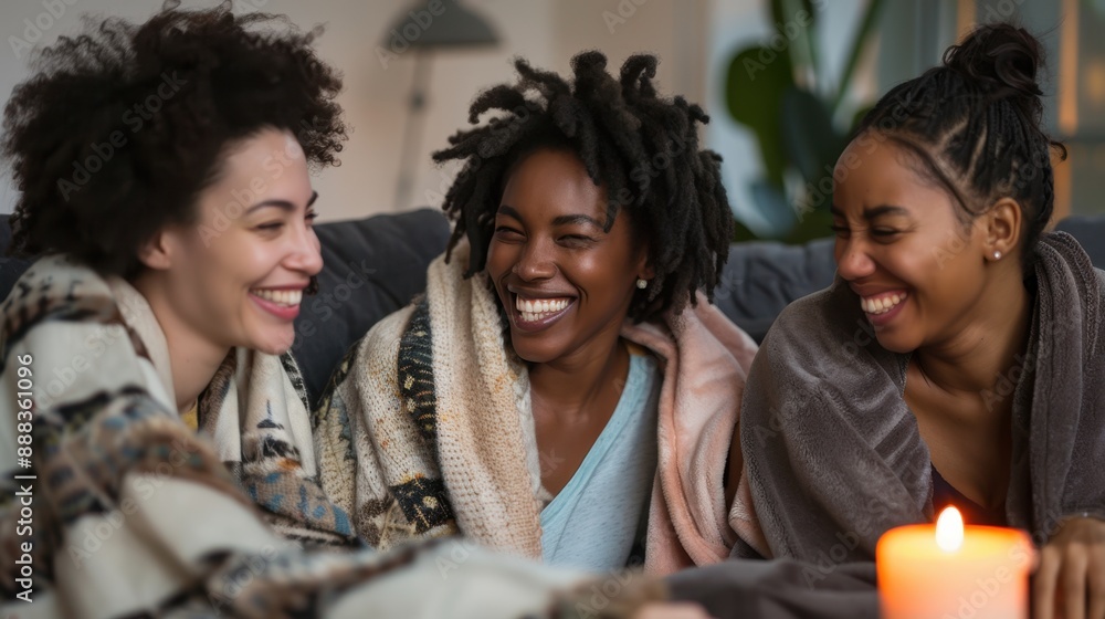Obraz premium Joyful Friends Enjoying Cozy Evening Indoors with Warm Blankets and Candlelight