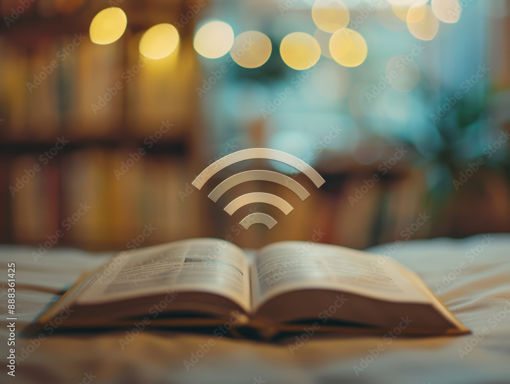 Fototapeta premium An open book with a Wi-Fi signal radiating from the pages, representing online education