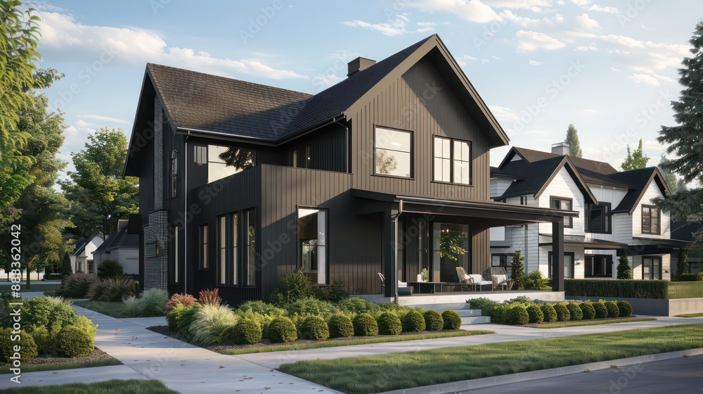 modern farmhouse in a suburban neighborhood with a sleek, black exterior and contrasting white trim around windows and doors modern farmhouse in a suburban neighborhood with a sleek, black exterior and contrasting white trim around windows and doors